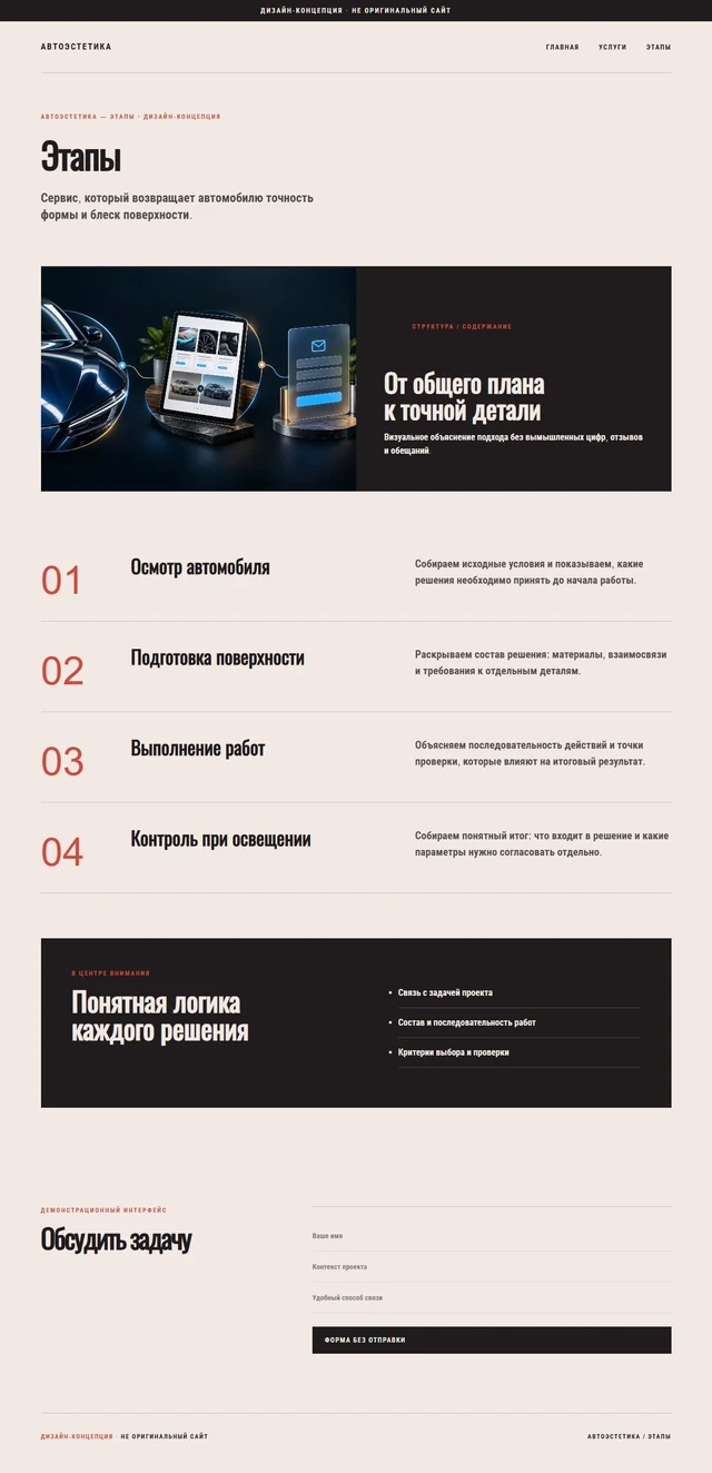 Дизайн-концепция, не оригинальный сайт — АВТОЭСТЕТИКА — Этапы