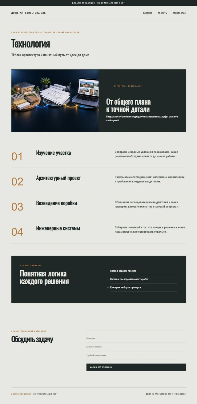 Дизайн-концепция, не оригинальный сайт — ДОМА ИЗ ГАЗОБЕТОНА СПБ — Технология