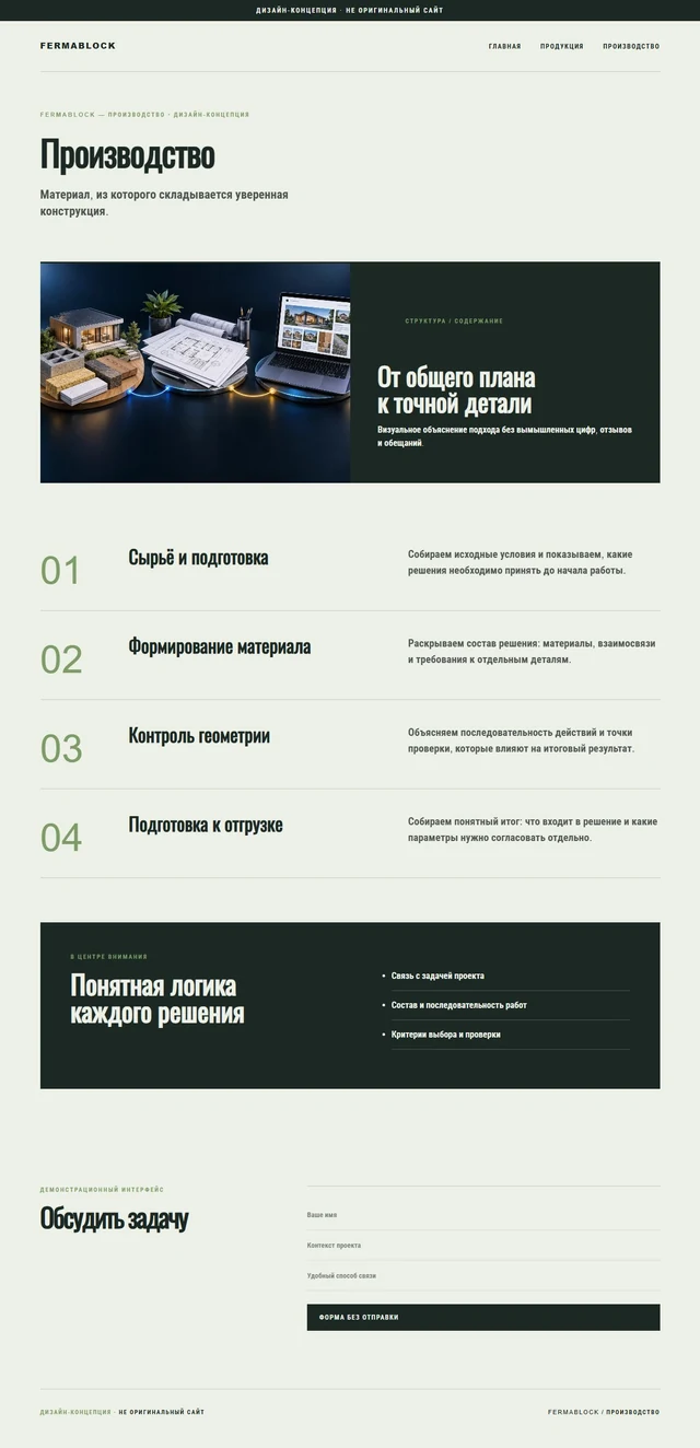 Дизайн-концепция, не оригинальный сайт — FERMABLOCK — Производство