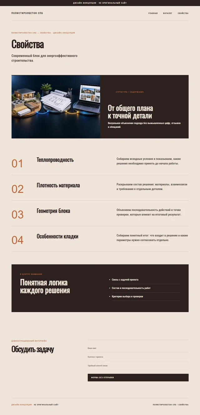 Дизайн-концепция, не оригинальный сайт — ПОЛИСТИРОЛБЕТОН СПБ — Свойства