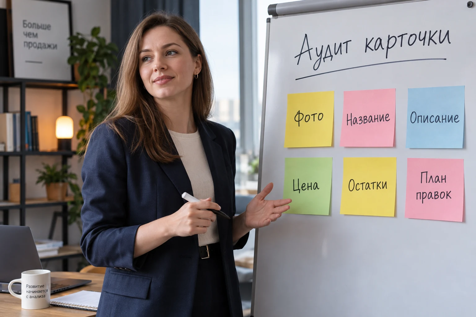 Специалист обсуждает пункты аудита карточки на доске с русскими надписями