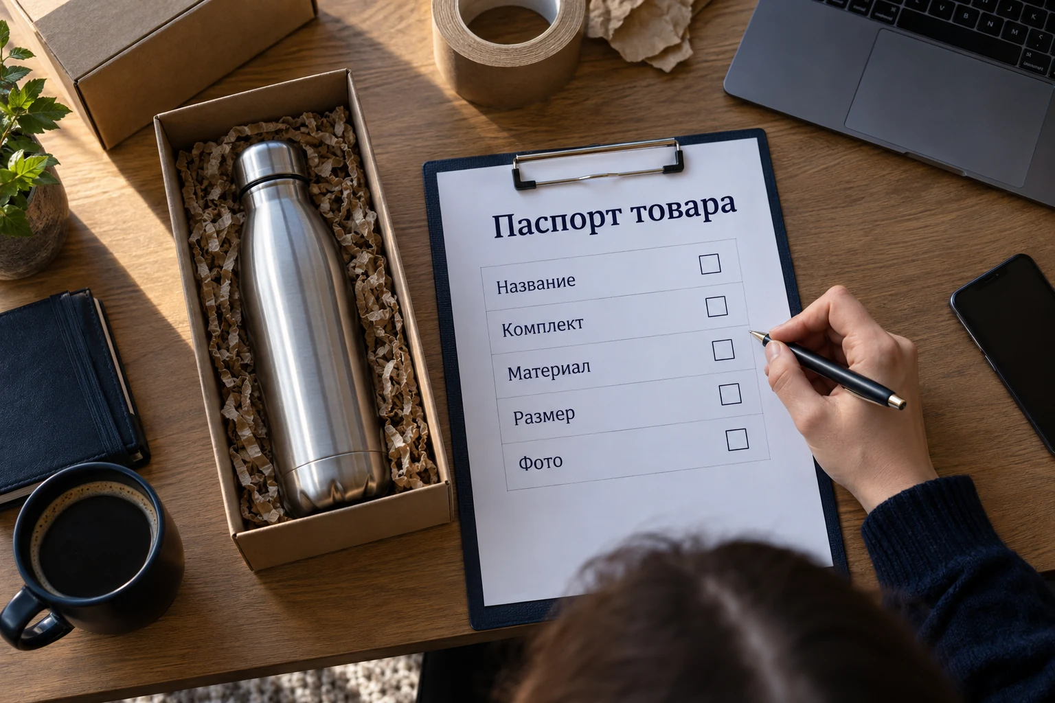 Чек-лист «Паспорт товара» рядом с бутылкой и упаковкой
