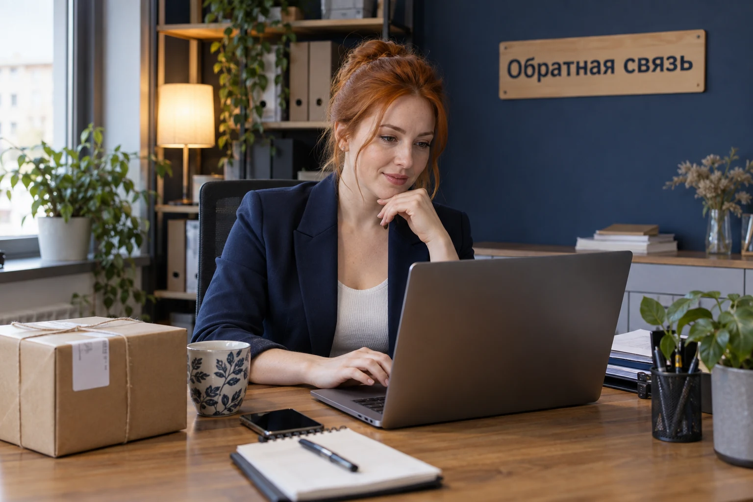 Менеджер магазина работает за ноутбуком в зоне обратной связи