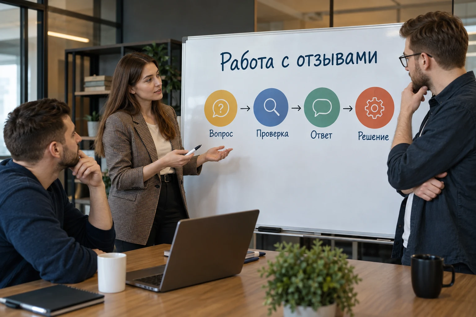 Специалисты обсуждают процесс работы с отзывами на доске