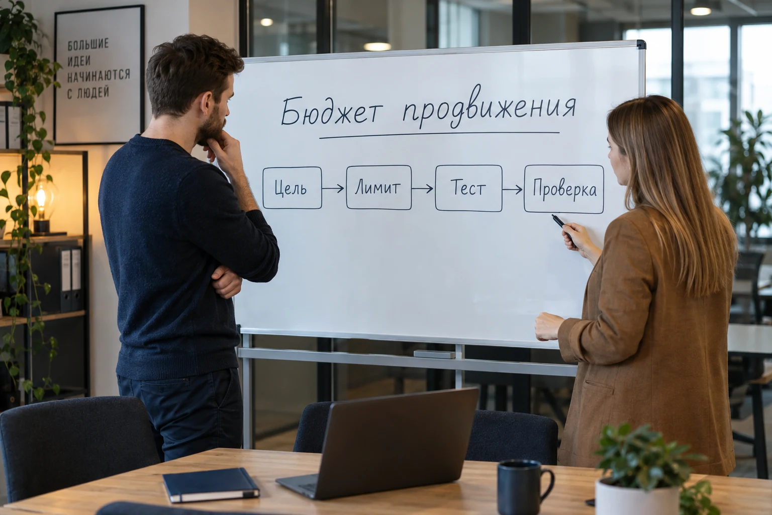 Специалисты обсуждают цель, лимит, тест и проверку бюджета продвижения