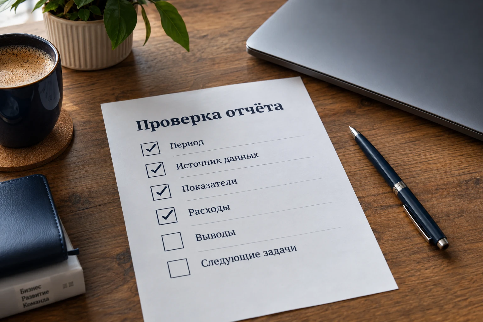 Чек-лист проверки отчёта с периодом, источниками данных, показателями и следующими задачами