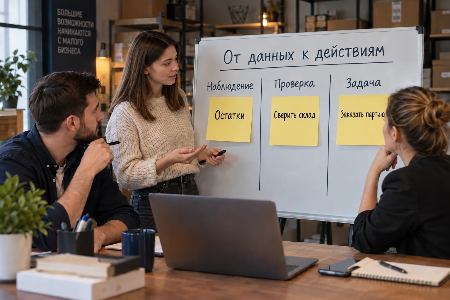 На доске показан переход от наблюдения за остатками к проверке склада и заказу партии