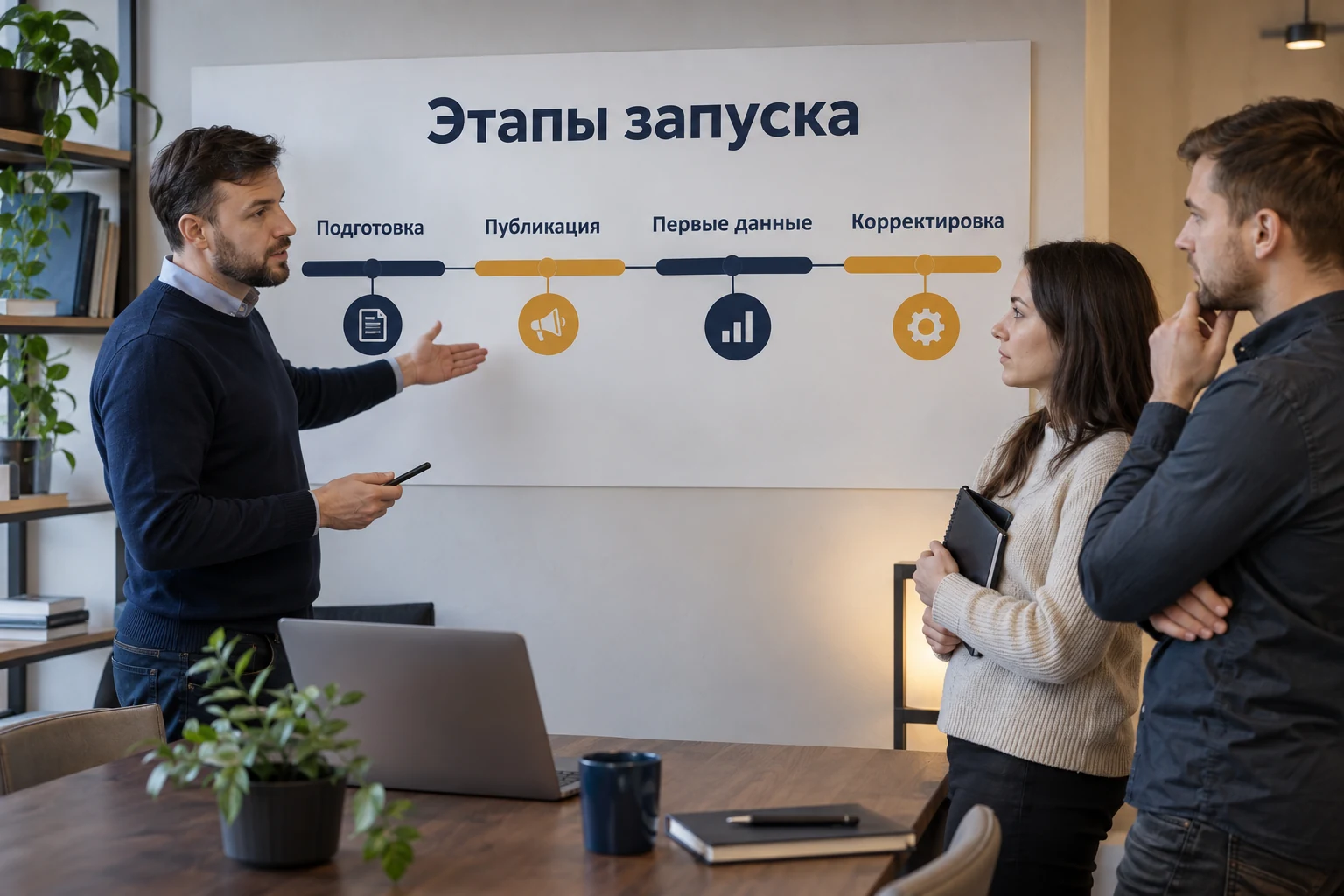 На доске показаны подготовка, публикация, первые данные и корректировка запуска